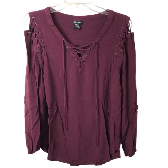 Torrid Women's Maroon Long Sleeve Lace-Up 100% Rayon Blouse Size 0 (Large) - Picture 1 of 8